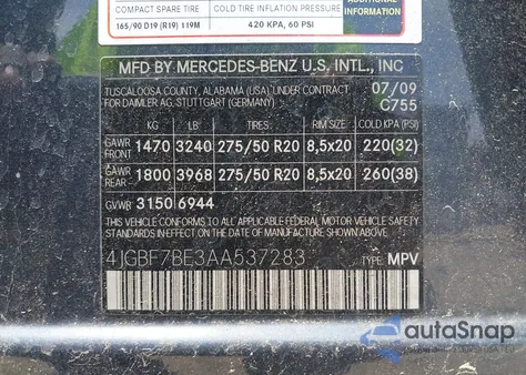 2010 Mercedes-Benz Gl 450 4Matic from USA, damaged, VIN 4JGBF7BE3AA537283